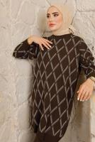 Tesettür giyim KAHVE BAKLAVA DESENLİ PANTOLONLU TRİKO TAKIM T 2008