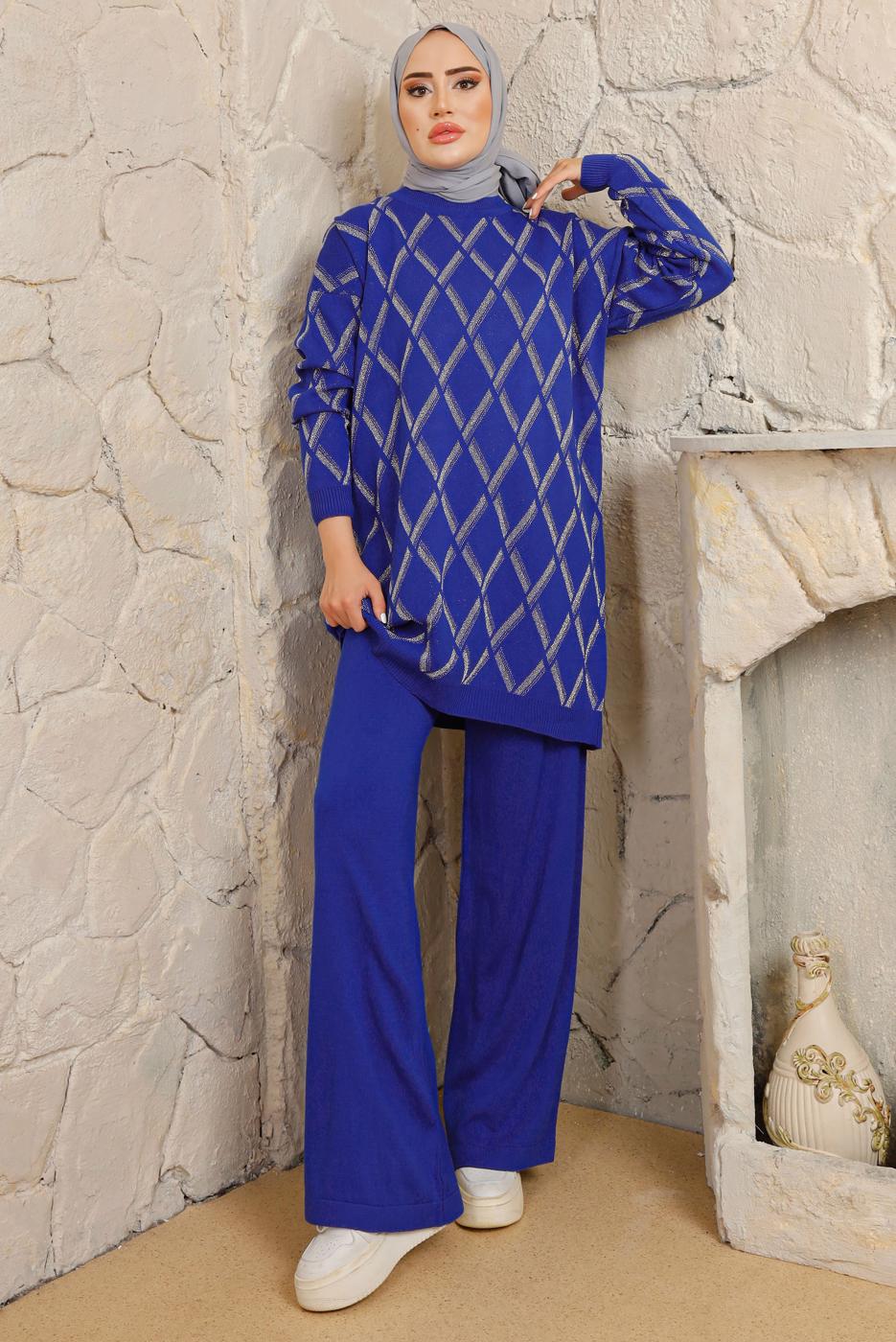 Tesettür giyim LACİVERT BAKLAVA DESENLİ PANTOLONLU TRİKO TAKIM T 2008