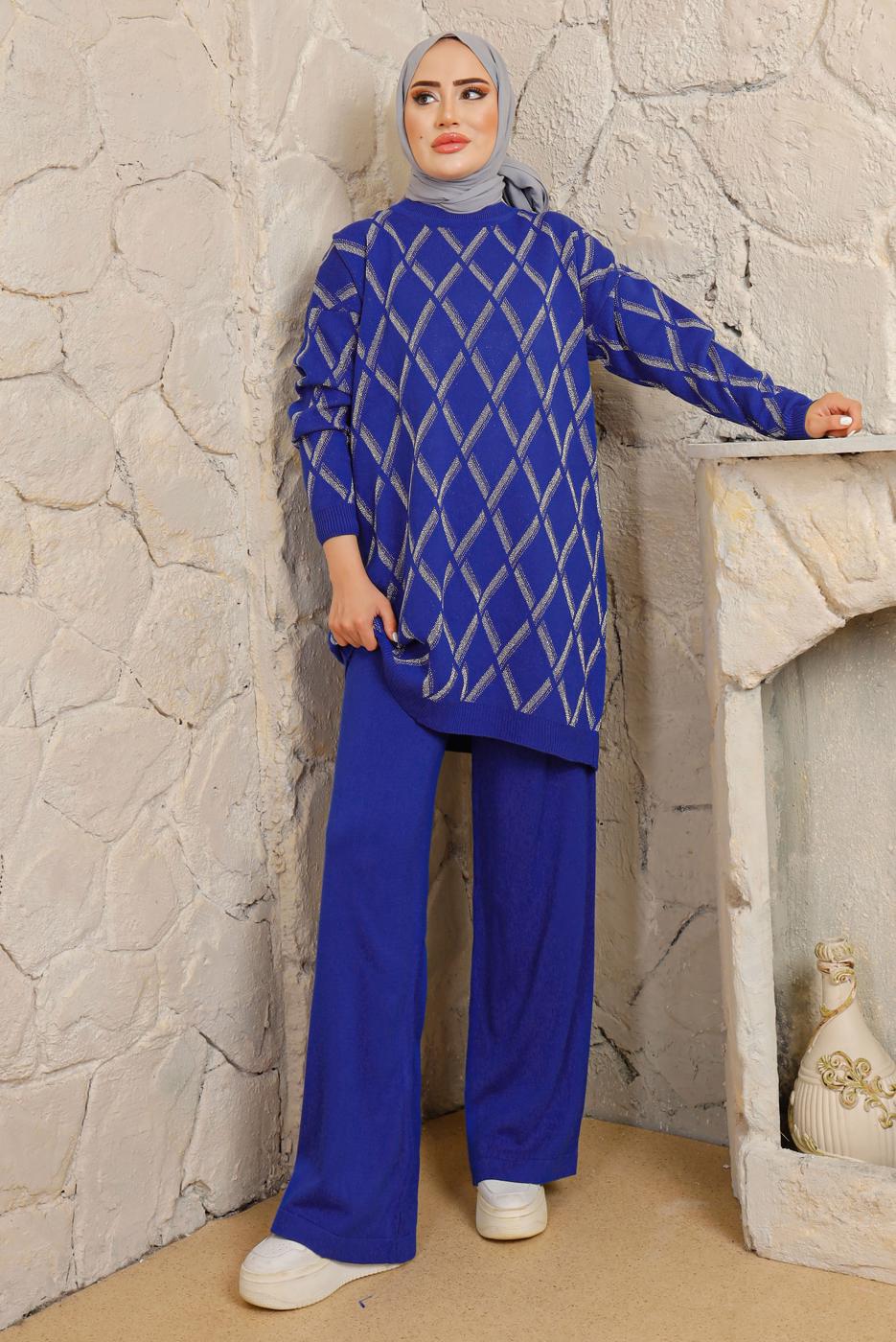 Tesettür giyim LACİVERT BAKLAVA DESENLİ PANTOLONLU TRİKO TAKIM T 2008