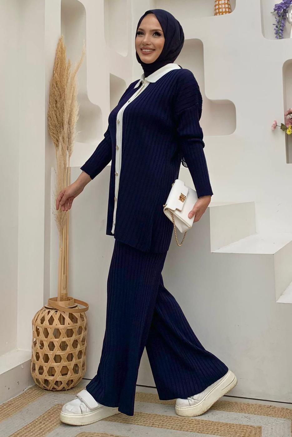 Tesettür giyim LACİVERT PANTOLONLU TRİKO TAKIM T 20332