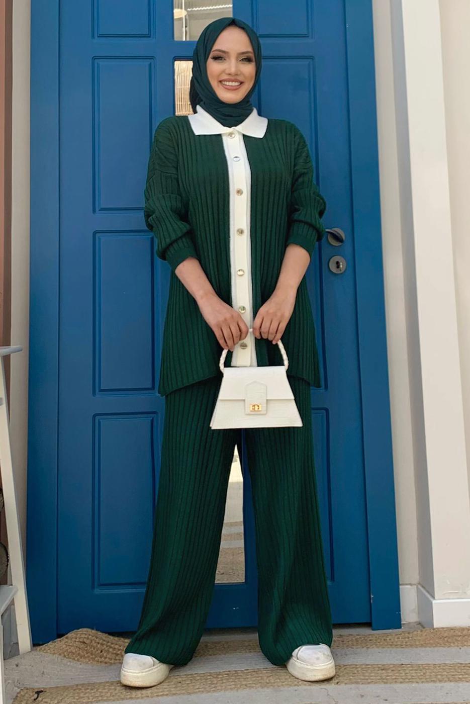 Tesettür giyim YEŞİL PANTOLONLU TRİKO TAKIM T 20332