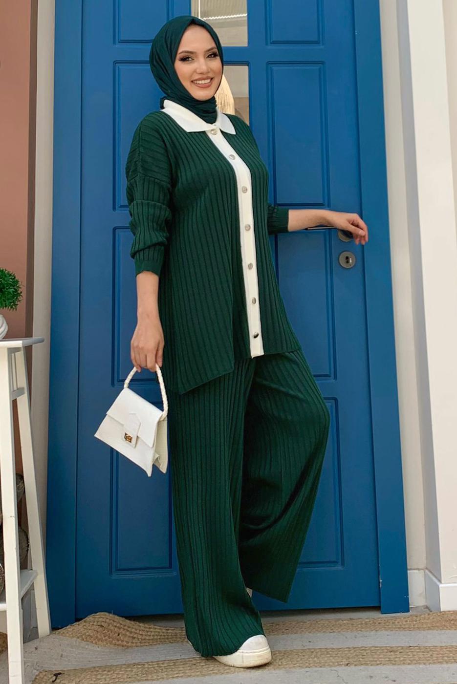 Tesettür giyim YEŞİL PANTOLONLU TRİKO TAKIM T 20332