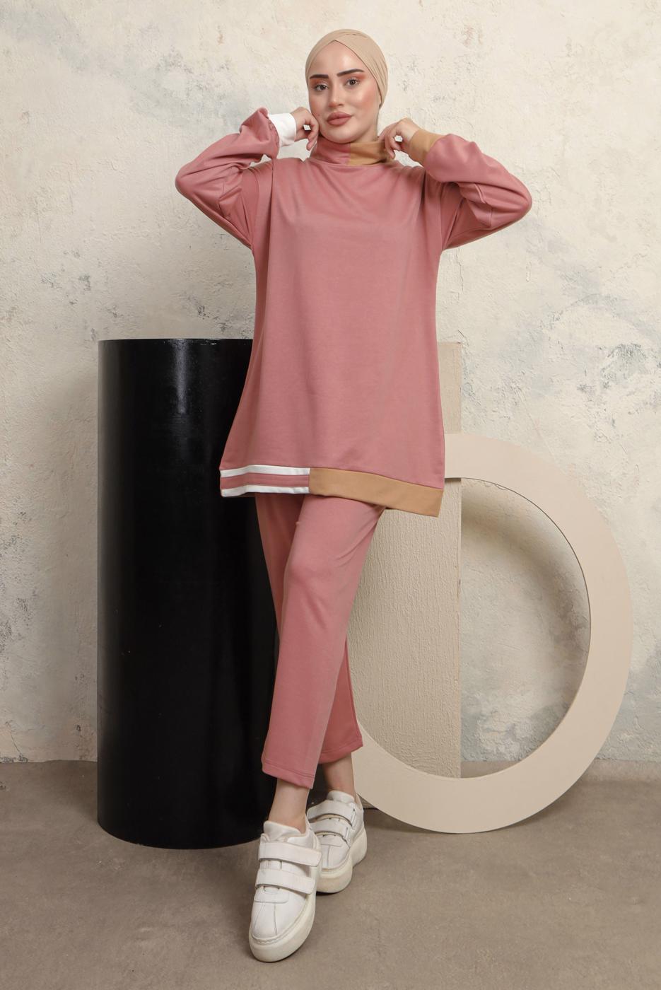 Tesettür giyim PUDRA ÜÇ RENKLİ BOĞAZLI PANTOLONLU EŞOFMAN TAKIM T 2043