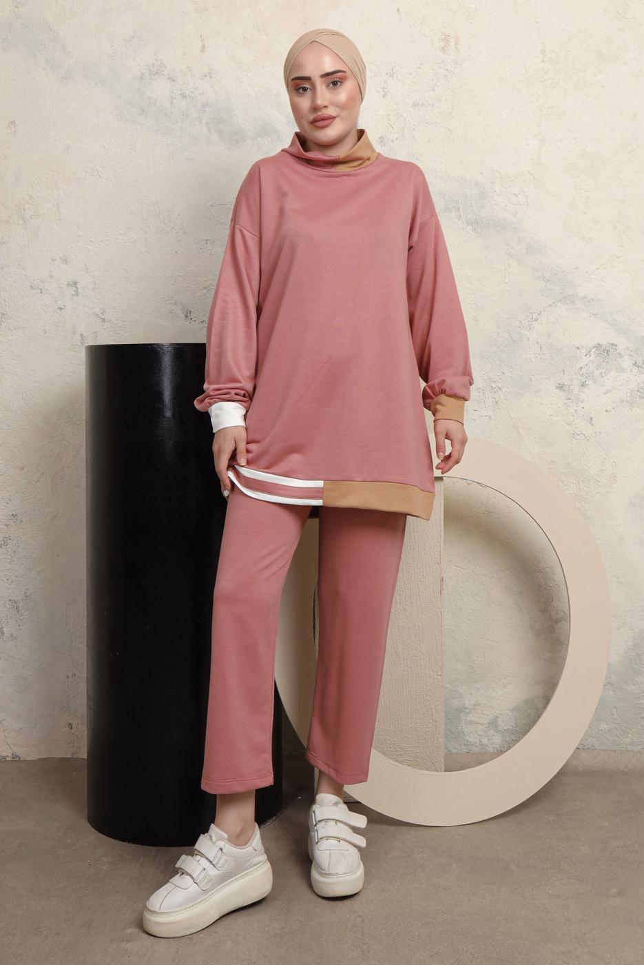 Tesettür giyim PUDRA ÜÇ RENKLİ BOĞAZLI PANTOLONLU EŞOFMAN TAKIM T 2043