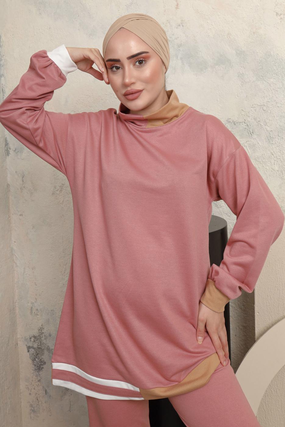 Tesettür giyim PUDRA ÜÇ RENKLİ BOĞAZLI PANTOLONLU EŞOFMAN TAKIM T 2043