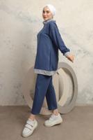 Tesettür giyim LACİVERT ÜÇ RENKLİ BOĞAZLI PANTOLONLU EŞOFMAN TAKIM T 2043