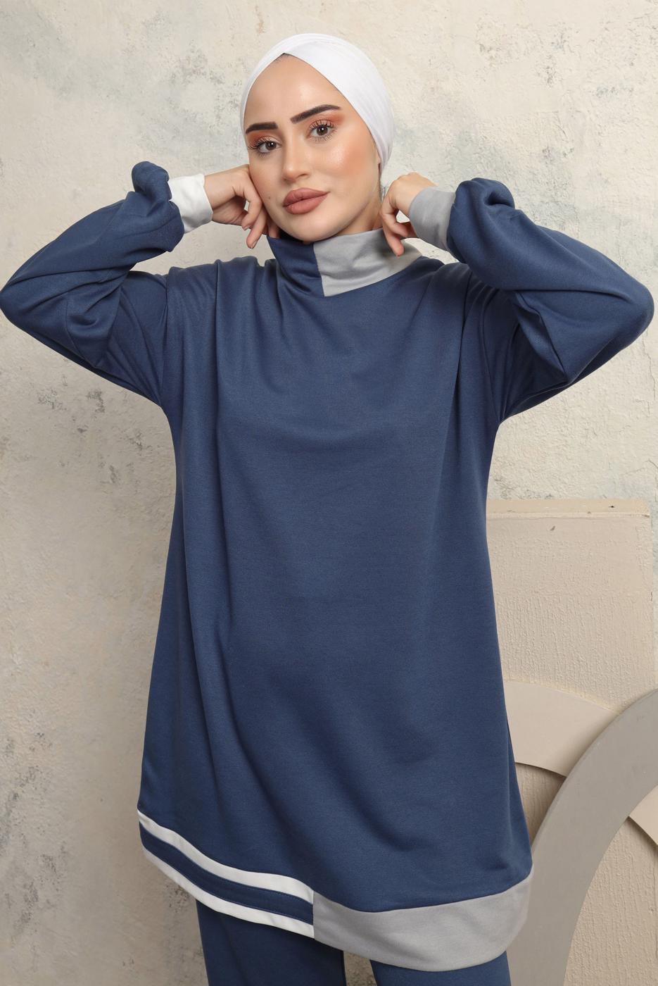 Tesettür giyim LACİVERT ÜÇ RENKLİ BOĞAZLI PANTOLONLU EŞOFMAN TAKIM T 2043