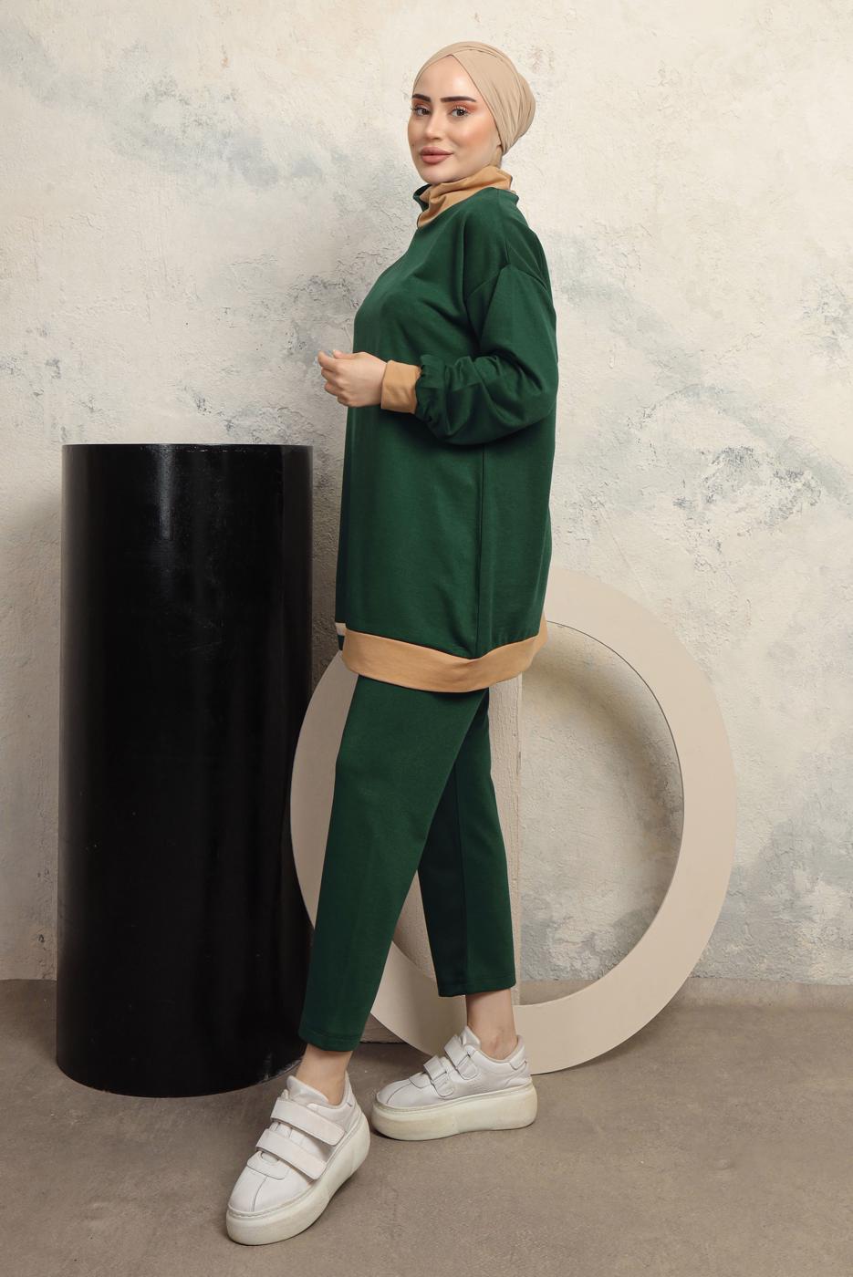 Tesettür giyim YEŞİL ÜÇ RENKLİ BOĞAZLI PANTOLONLU EŞOFMAN TAKIM T 2043