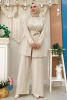 Tesettür giyim BEJ KUŞAKLI PANTOLONLU TAKIM T 20432