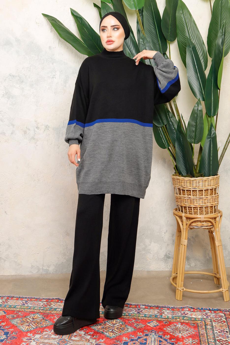 Tesettür giyim SİYAH ÇOK RENKLİ BALON KOL PANTOLONLU TRİKO TAKIM T 2108