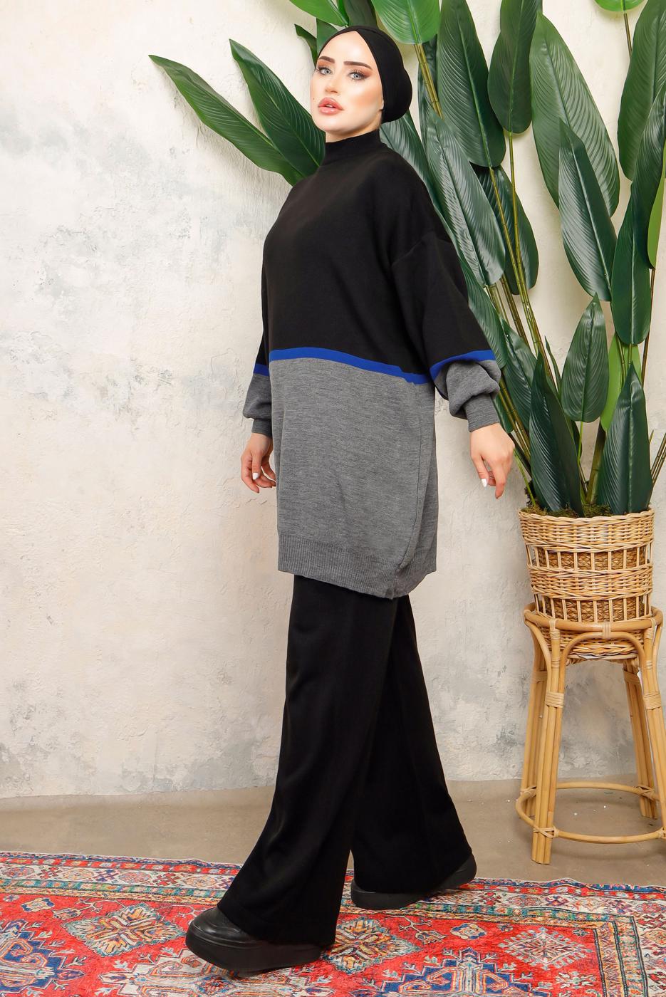 Tesettür giyim SİYAH ÇOK RENKLİ BALON KOL PANTOLONLU TRİKO TAKIM T 2108