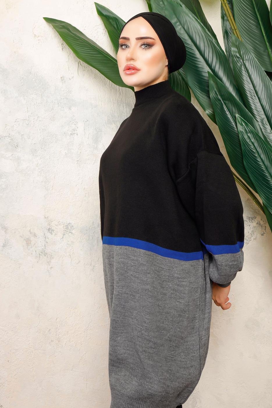Tesettür giyim SİYAH ÇOK RENKLİ BALON KOL PANTOLONLU TRİKO TAKIM T 2108