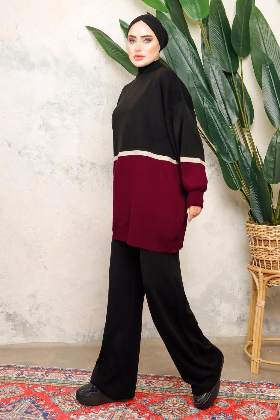 Hijab clothing BLACK COLORED BALLOON SLEEVE KNITWEAR PANTS SUIT T 2108