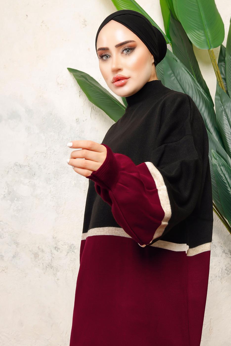 Hijab clothing BLACK COLORED BALLOON SLEEVE KNITWEAR PANTS SUIT T 2108