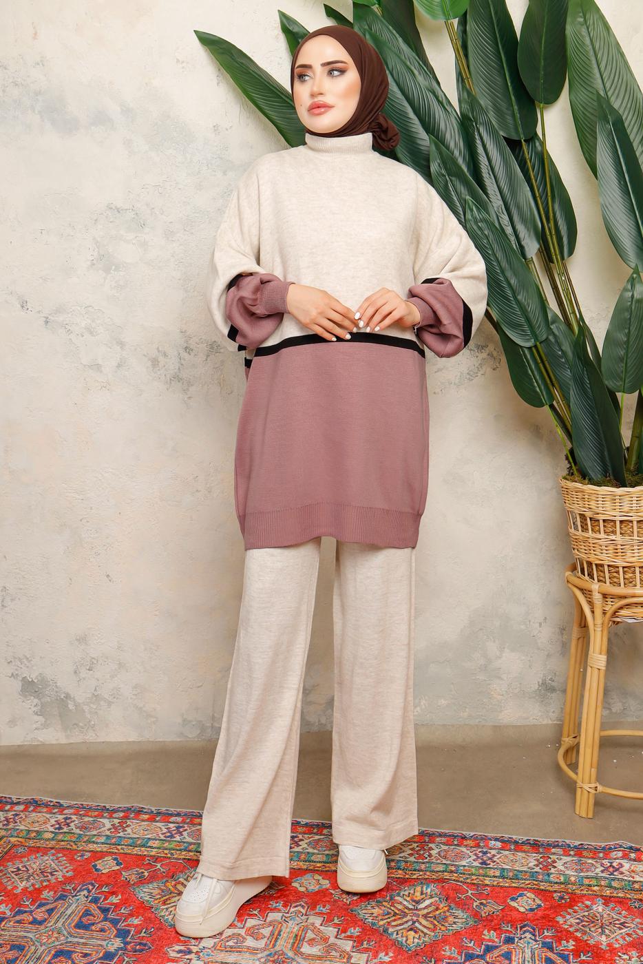 Tesettür giyim EKRU ÇOK RENKLİ BALON KOL PANTOLONLU TRİKO TAKIM T 2108