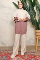 Tesettür giyim EKRU ÇOK RENKLİ BALON KOL PANTOLONLU TRİKO TAKIM T 2108