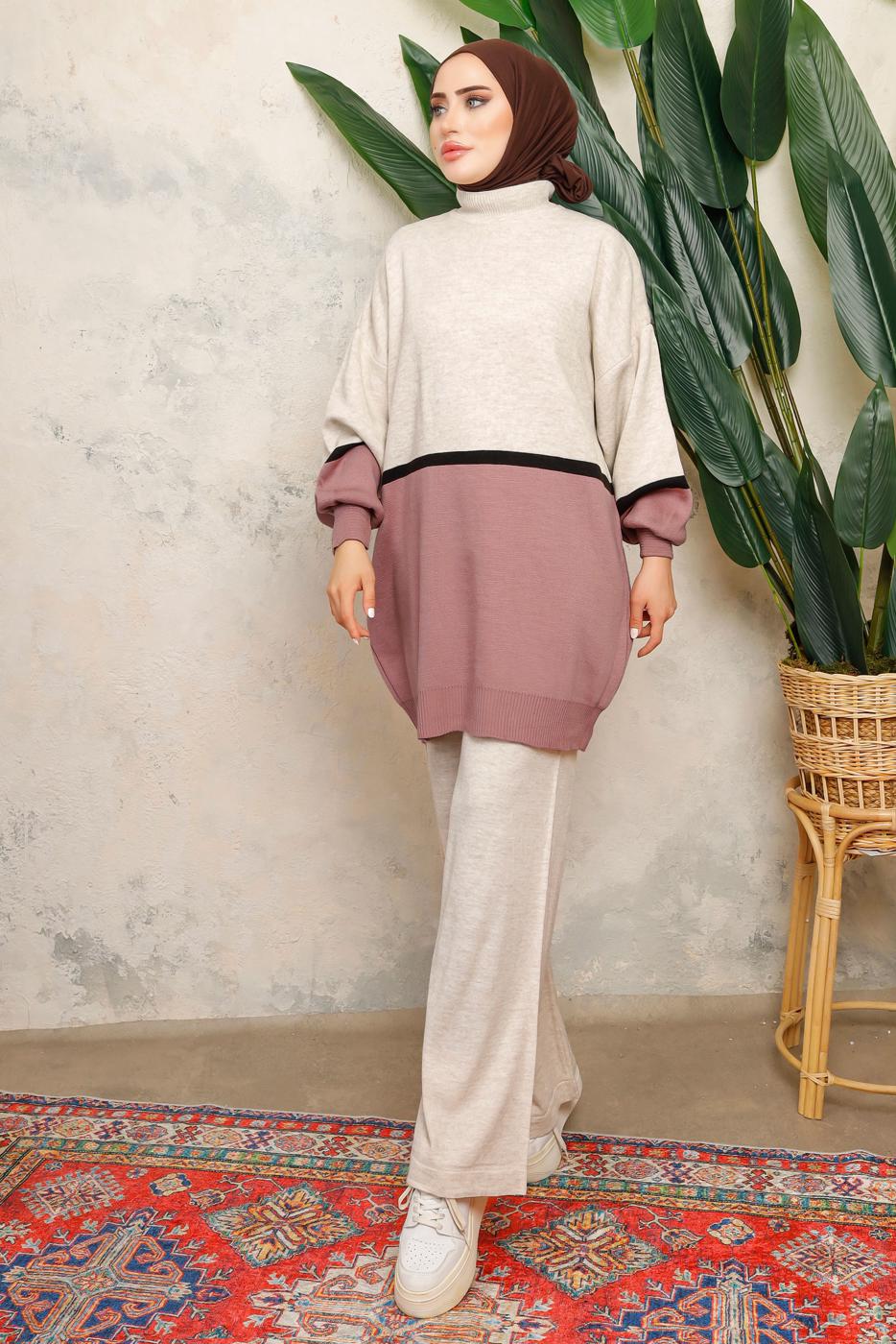 Tesettür giyim EKRU ÇOK RENKLİ BALON KOL PANTOLONLU TRİKO TAKIM T 2108