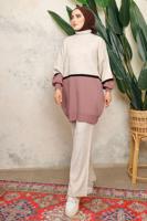 Tesettür giyim EKRU ÇOK RENKLİ BALON KOL PANTOLONLU TRİKO TAKIM T 2108