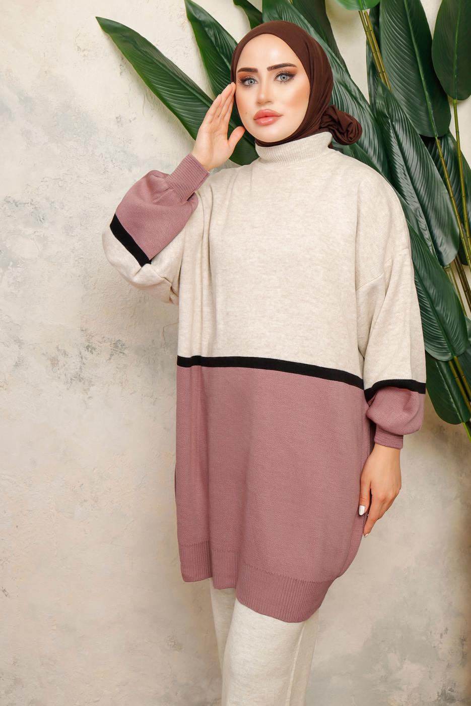 Tesettür giyim EKRU ÇOK RENKLİ BALON KOL PANTOLONLU TRİKO TAKIM T 2108