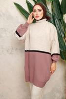 Tesettür giyim EKRU ÇOK RENKLİ BALON KOL PANTOLONLU TRİKO TAKIM T 2108