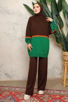 Tesettür giyim KAHVE ÇOK RENKLİ BALON KOL PANTOLONLU TRİKO TAKIM T 2108