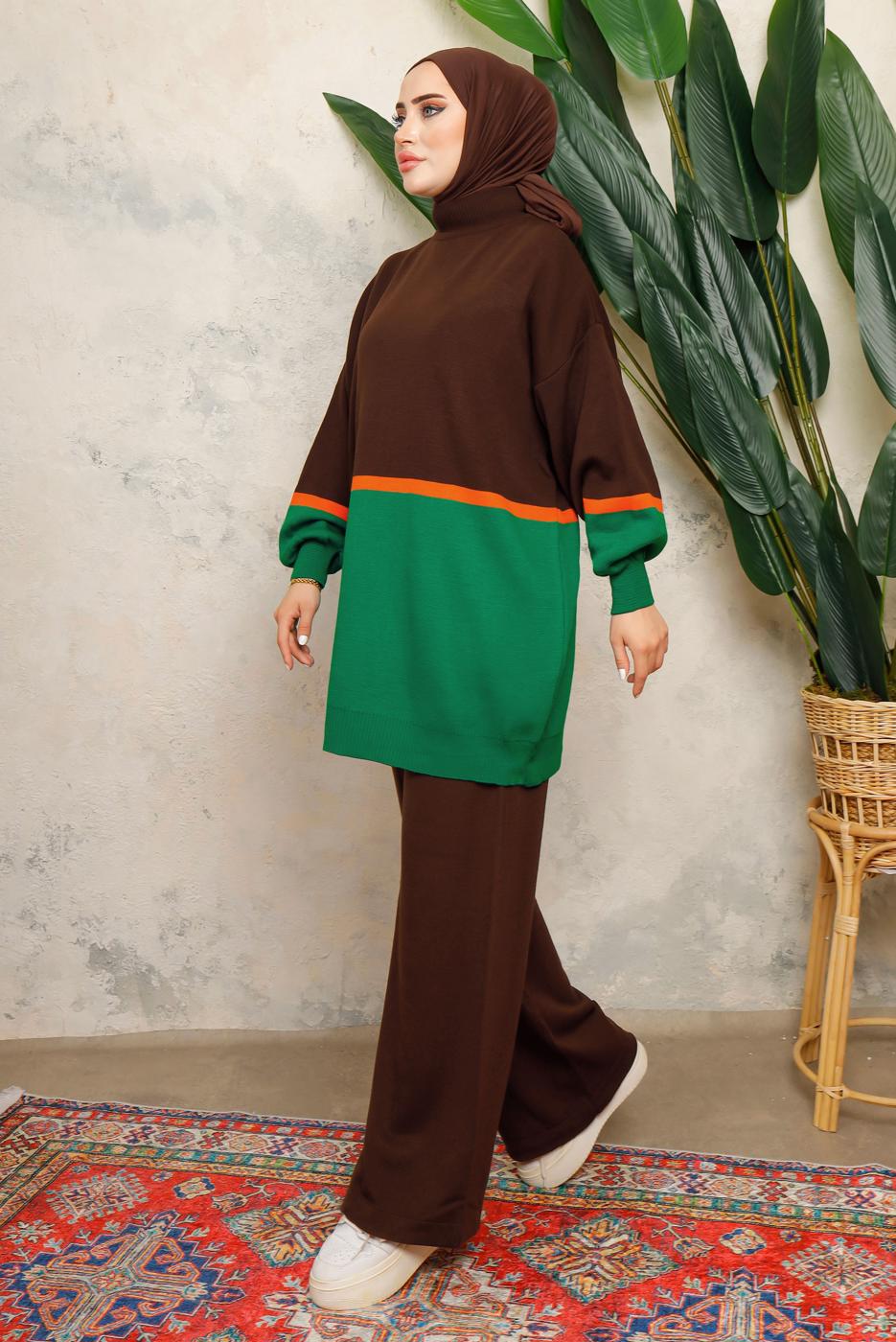 Tesettür giyim KAHVE ÇOK RENKLİ BALON KOL PANTOLONLU TRİKO TAKIM T 2108