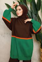 Tesettür giyim KAHVE ÇOK RENKLİ BALON KOL PANTOLONLU TRİKO TAKIM T 2108