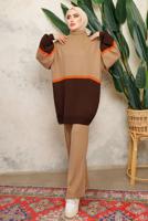 Tesettür giyim VİZON ÇOK RENKLİ BALON KOL PANTOLONLU TRİKO TAKIM T 2108