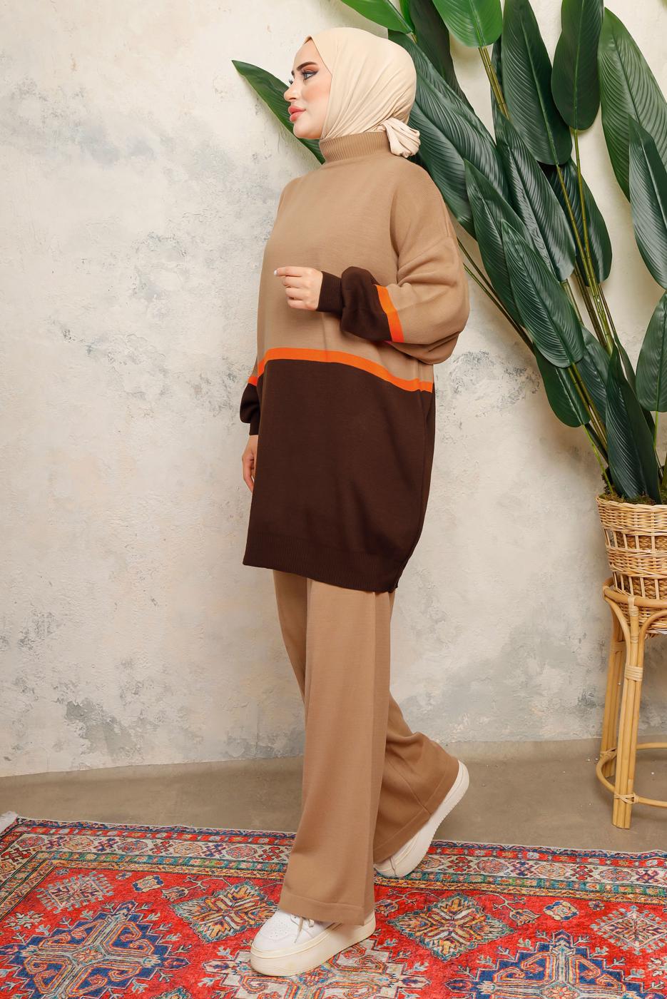 Tesettür giyim VİZON ÇOK RENKLİ BALON KOL PANTOLONLU TRİKO TAKIM T 2108