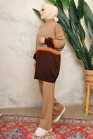 Tesettür giyim VİZON ÇOK RENKLİ BALON KOL PANTOLONLU TRİKO TAKIM T 2108