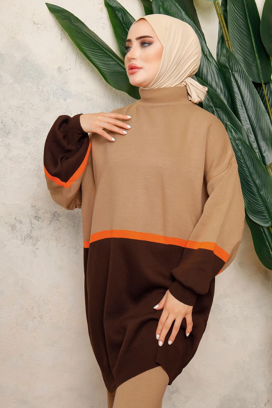 Tesettür giyim VİZON ÇOK RENKLİ BALON KOL PANTOLONLU TRİKO TAKIM T 2108