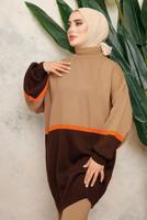 Tesettür giyim VİZON ÇOK RENKLİ BALON KOL PANTOLONLU TRİKO TAKIM T 2108