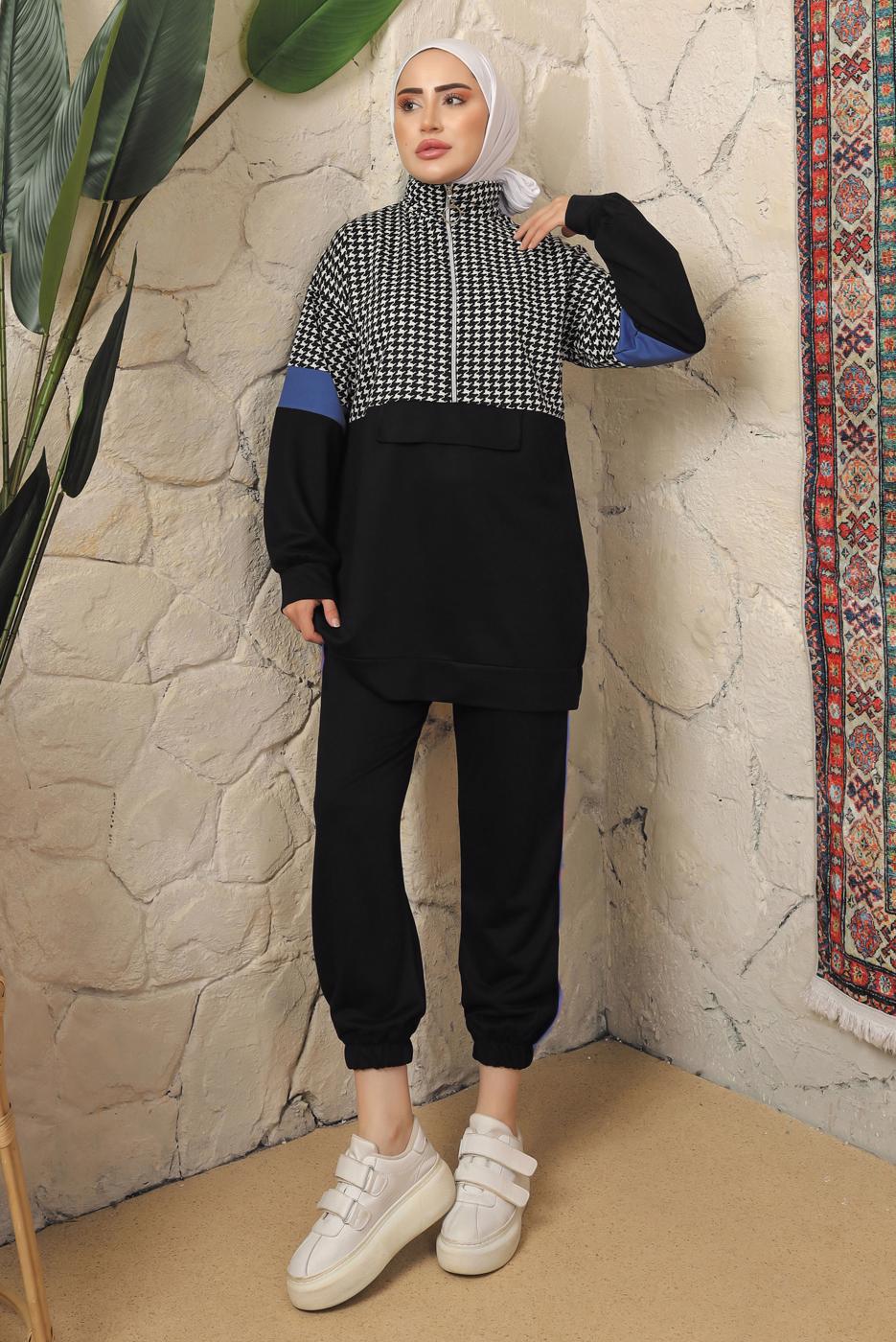 Tesettür giyim SİYAH KAZAYAĞI DESENLİ FERMUARLI PANTOLONLU EŞOFMAN TAKIM T 2143