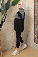 Tesettür giyim SİYAH KAZAYAĞI DESENLİ FERMUARLI PANTOLONLU EŞOFMAN TAKIM T 2143