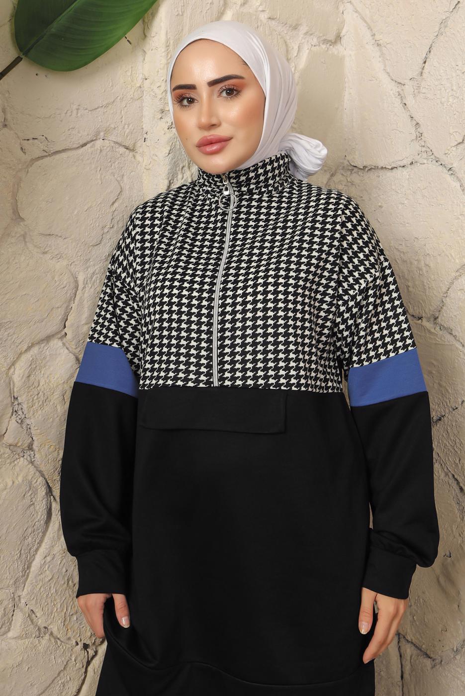 Tesettür giyim SİYAH KAZAYAĞI DESENLİ FERMUARLI PANTOLONLU EŞOFMAN TAKIM T 2143