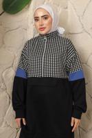 Tesettür giyim SİYAH KAZAYAĞI DESENLİ FERMUARLI PANTOLONLU EŞOFMAN TAKIM T 2143