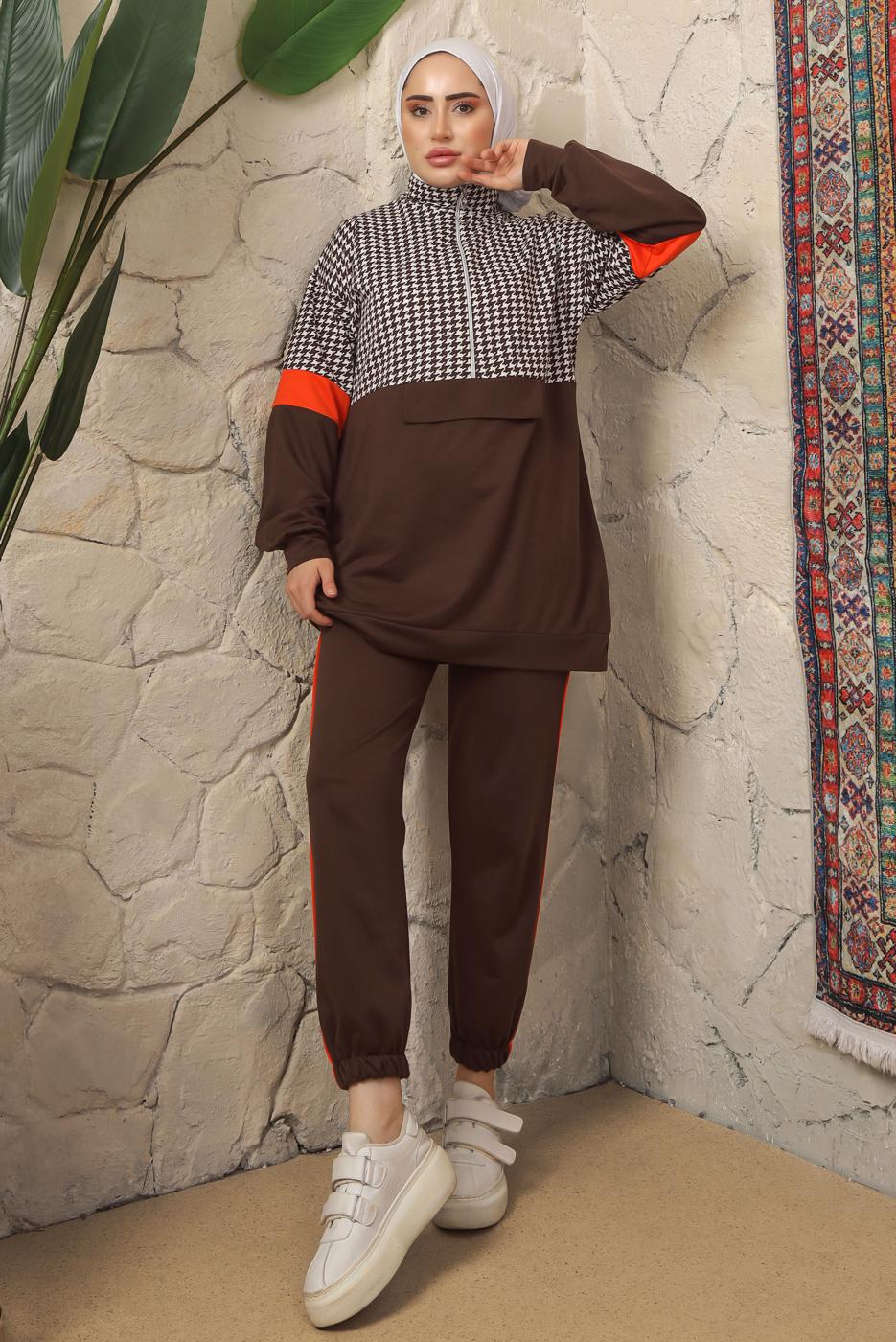 Tesettür giyim KAHVE KAZAYAĞI DESENLİ FERMUARLI PANTOLONLU EŞOFMAN TAKIM T 2143