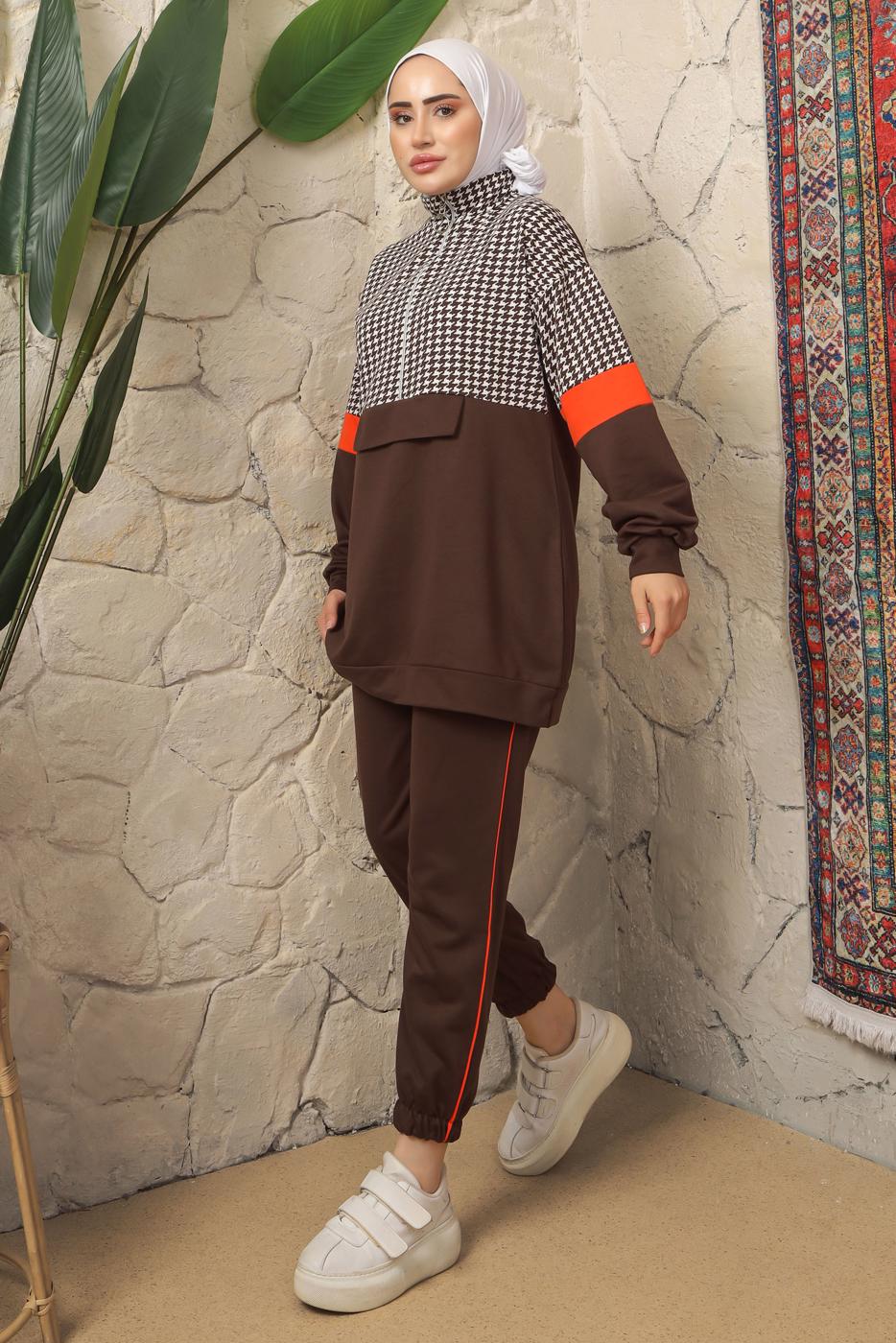 Tesettür giyim KAHVE KAZAYAĞI DESENLİ FERMUARLI PANTOLONLU EŞOFMAN TAKIM T 2143
