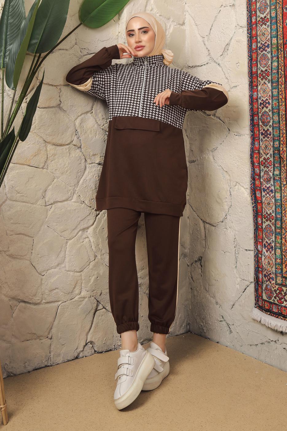 Tesettür giyim KAHVE KAZAYAĞI DESENLİ FERMUARLI PANTOLONLU EŞOFMAN TAKIM T 2143