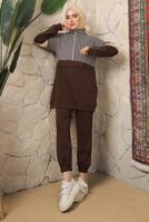 Tesettür giyim KAHVE KAZAYAĞI DESENLİ FERMUARLI PANTOLONLU EŞOFMAN TAKIM T 2143