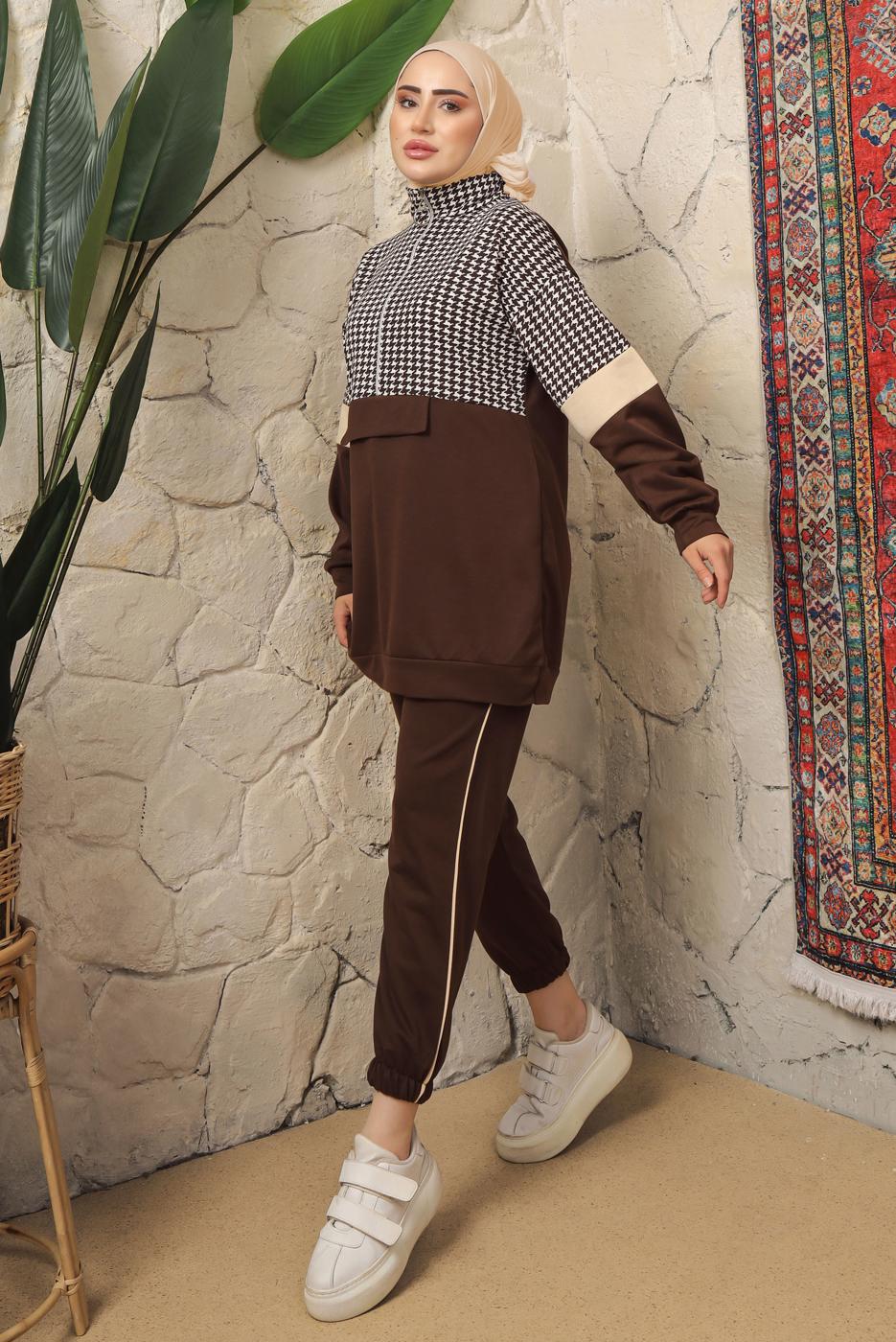 Tesettür giyim KAHVE KAZAYAĞI DESENLİ FERMUARLI PANTOLONLU EŞOFMAN TAKIM T 2143