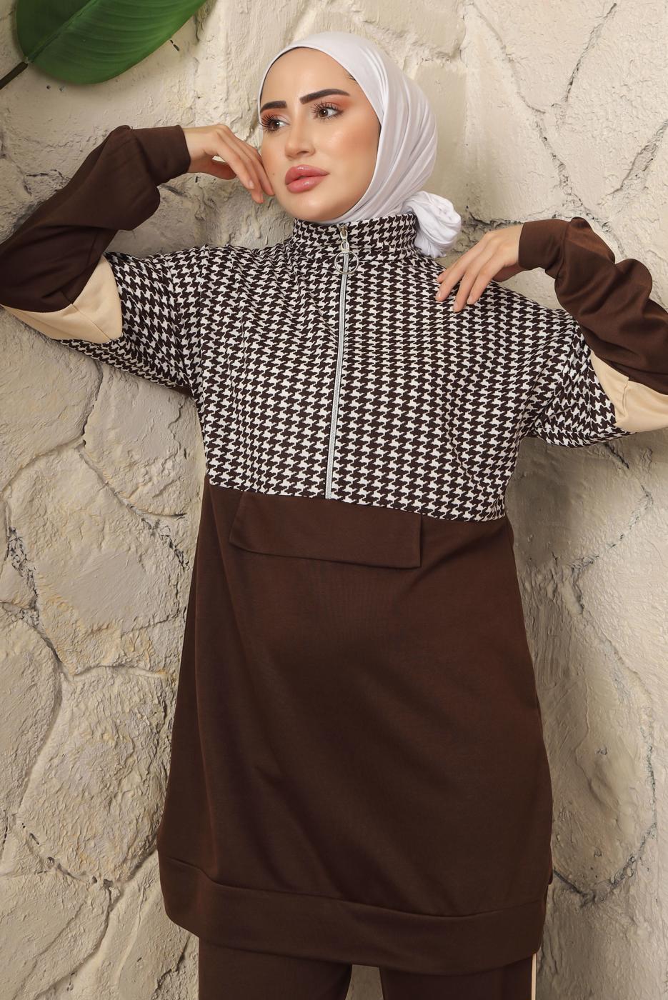 Tesettür giyim KAHVE KAZAYAĞI DESENLİ FERMUARLI PANTOLONLU EŞOFMAN TAKIM T 2143