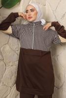 Tesettür giyim KAHVE KAZAYAĞI DESENLİ FERMUARLI PANTOLONLU EŞOFMAN TAKIM T 2143
