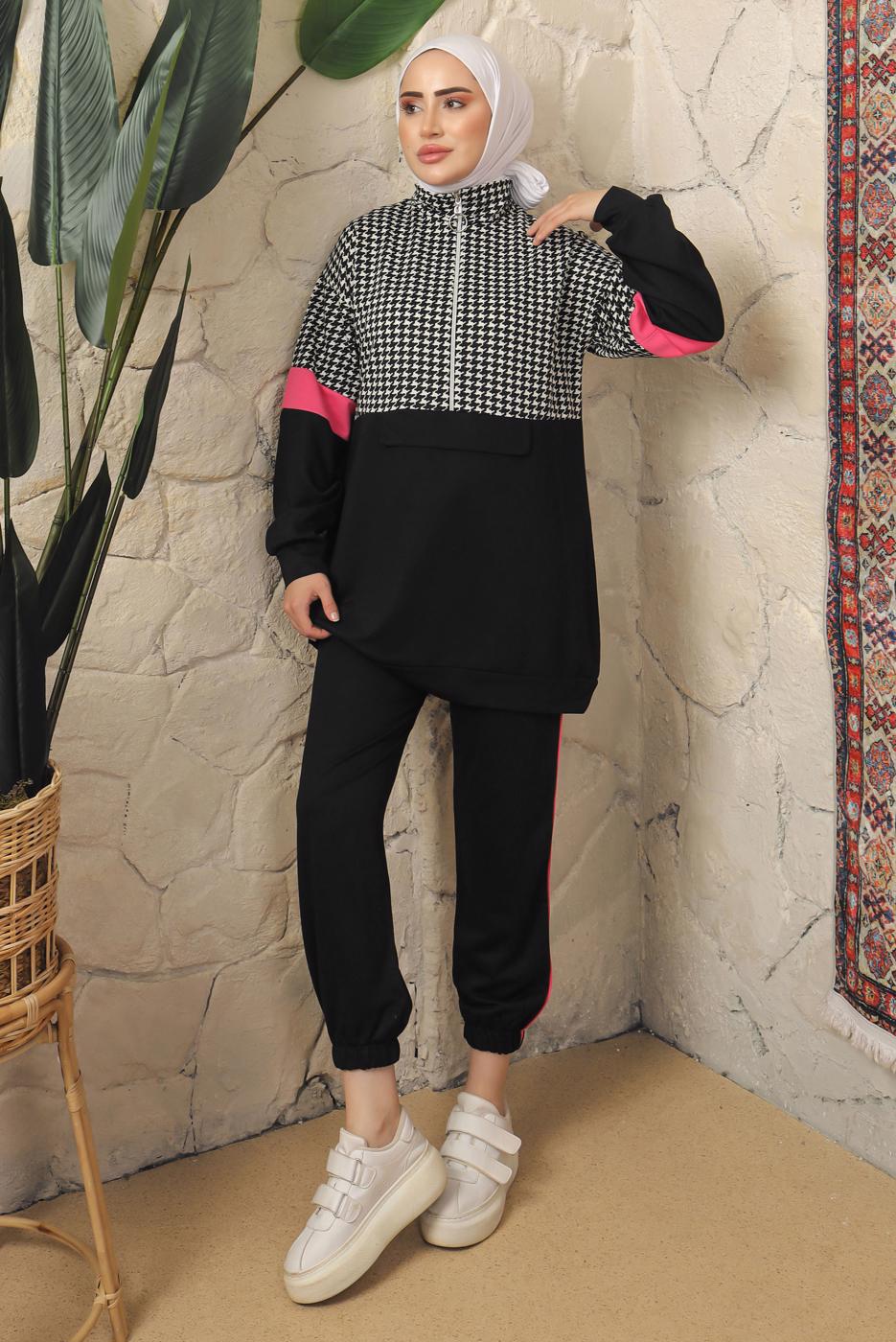 Tesettür giyim SİYAH KAZAYAĞI DESENLİ FERMUARLI PANTOLONLU EŞOFMAN TAKIM T 2143