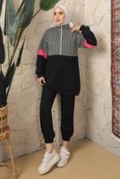 Tesettür giyim SİYAH KAZAYAĞI DESENLİ FERMUARLI PANTOLONLU EŞOFMAN TAKIM T 2143