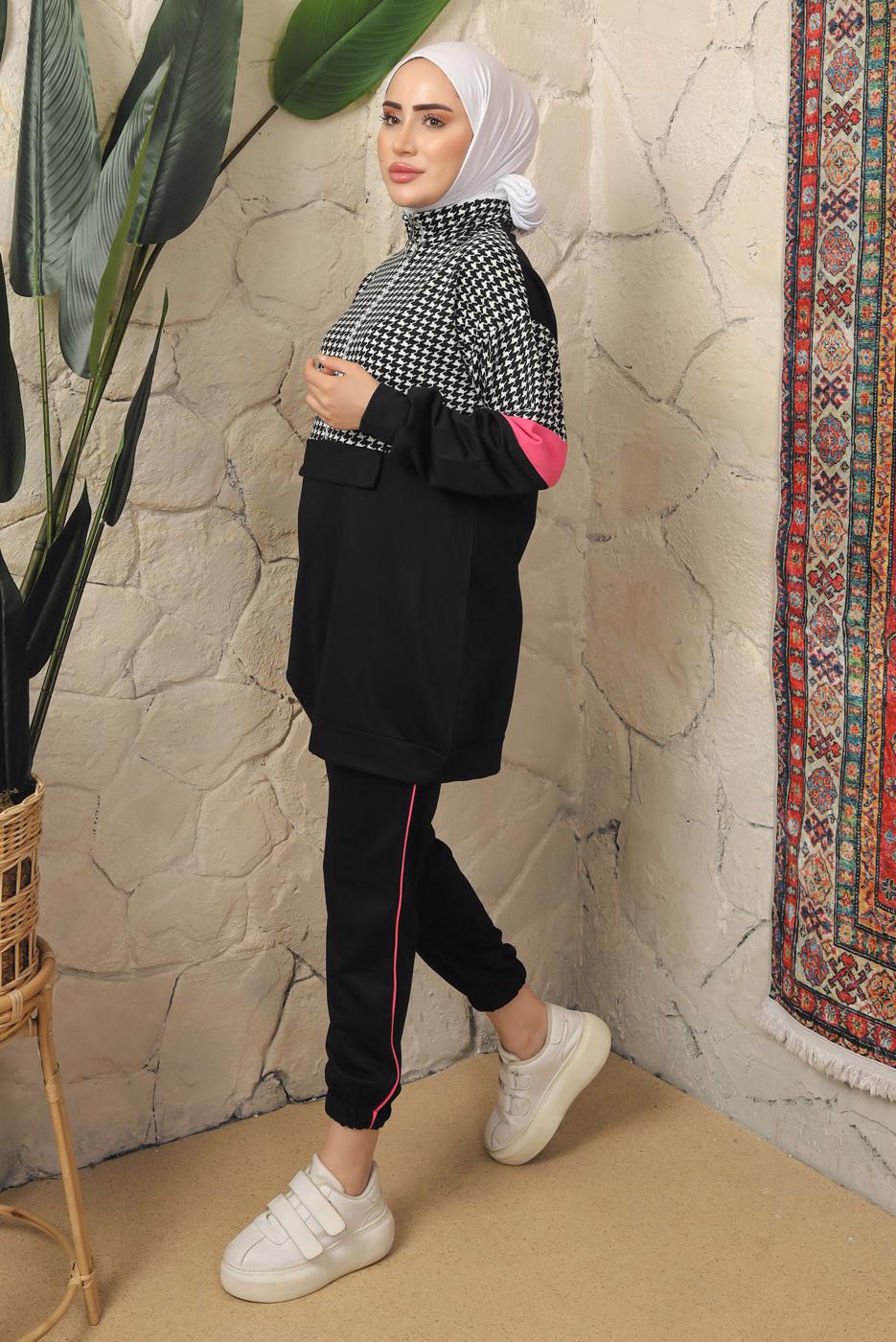 Tesettür giyim SİYAH KAZAYAĞI DESENLİ FERMUARLI PANTOLONLU EŞOFMAN TAKIM T 2143