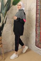 Tesettür giyim SİYAH KAZAYAĞI DESENLİ FERMUARLI PANTOLONLU EŞOFMAN TAKIM T 2143
