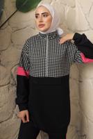 Tesettür giyim SİYAH KAZAYAĞI DESENLİ FERMUARLI PANTOLONLU EŞOFMAN TAKIM T 2143