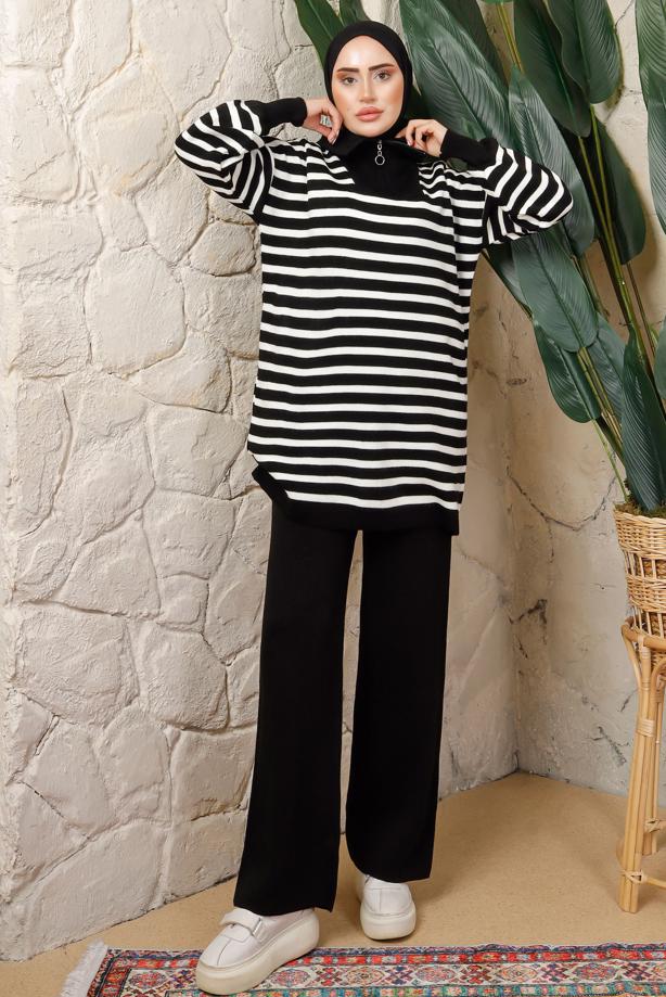 Vêtements hijab  STRIPED ZIPPERED KNITWEAR PANTS SUIT T 2208 - TRENDTESETTÜR