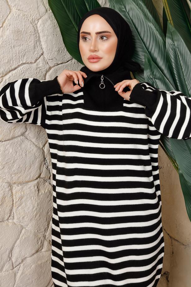 Vêtements hijab  STRIPED ZIPPERED KNITWEAR PANTS SUIT T 2208 - TRENDTESETTÜR